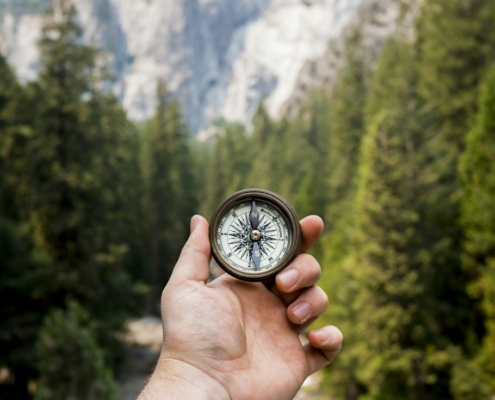A hand holding an open compass in front of a pine forest and mountain cliffs, representing values as a direction in acceptance and commitment therapy