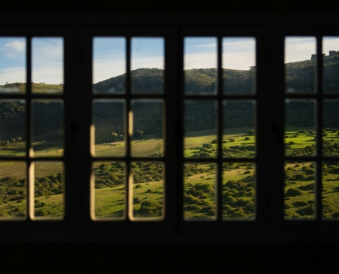 View of sunlit green hills through a multi-paned window from a quiet room