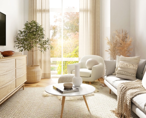 Calm sunlit residential common room representing a comfortable length of stay in treatment