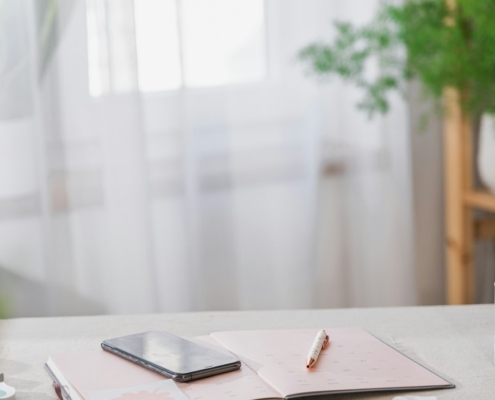 Open planner, pen and phone on a bright table by a sheer-curtained window with green plants, a calm setting for preparing questions before calling a treatment program