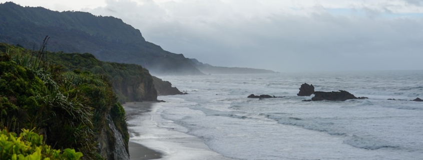 A misty Northern California coastline at soft morning light, with a beach curving away beneath low bluffs.