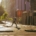A person with a backpack walking across a quiet city street in early morning light on the way to work