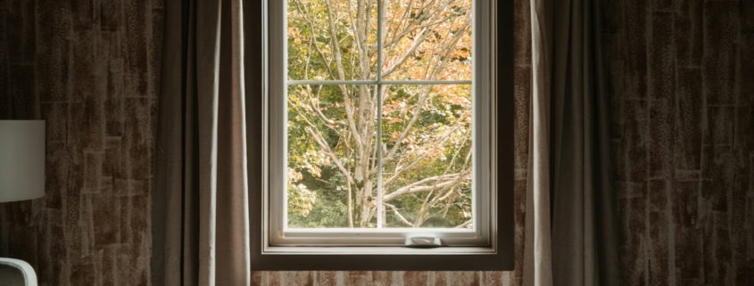 Soft daylight through a bedroom window framing autumn trees with orange and green leaves
