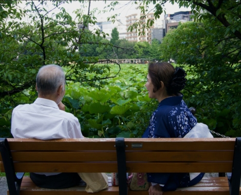 Two people sitting quietly side by side on a wooden bench facing a green lotus pond