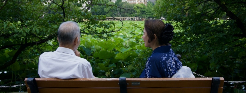 Two people sitting quietly side by side on a wooden bench facing a green lotus pond