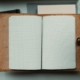 Open blank grid-paper journal in a leather cover on a desk beside white flowers, for keeping a daily medication and mood log
